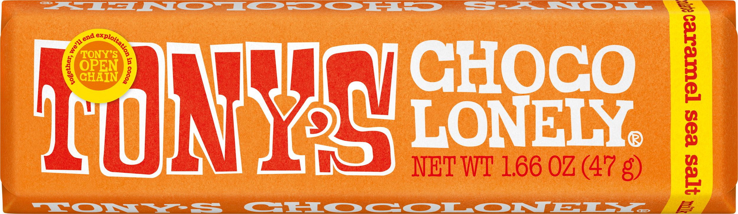 Tony’s Chocolonely milk chocolate caramel sea salt small bar.