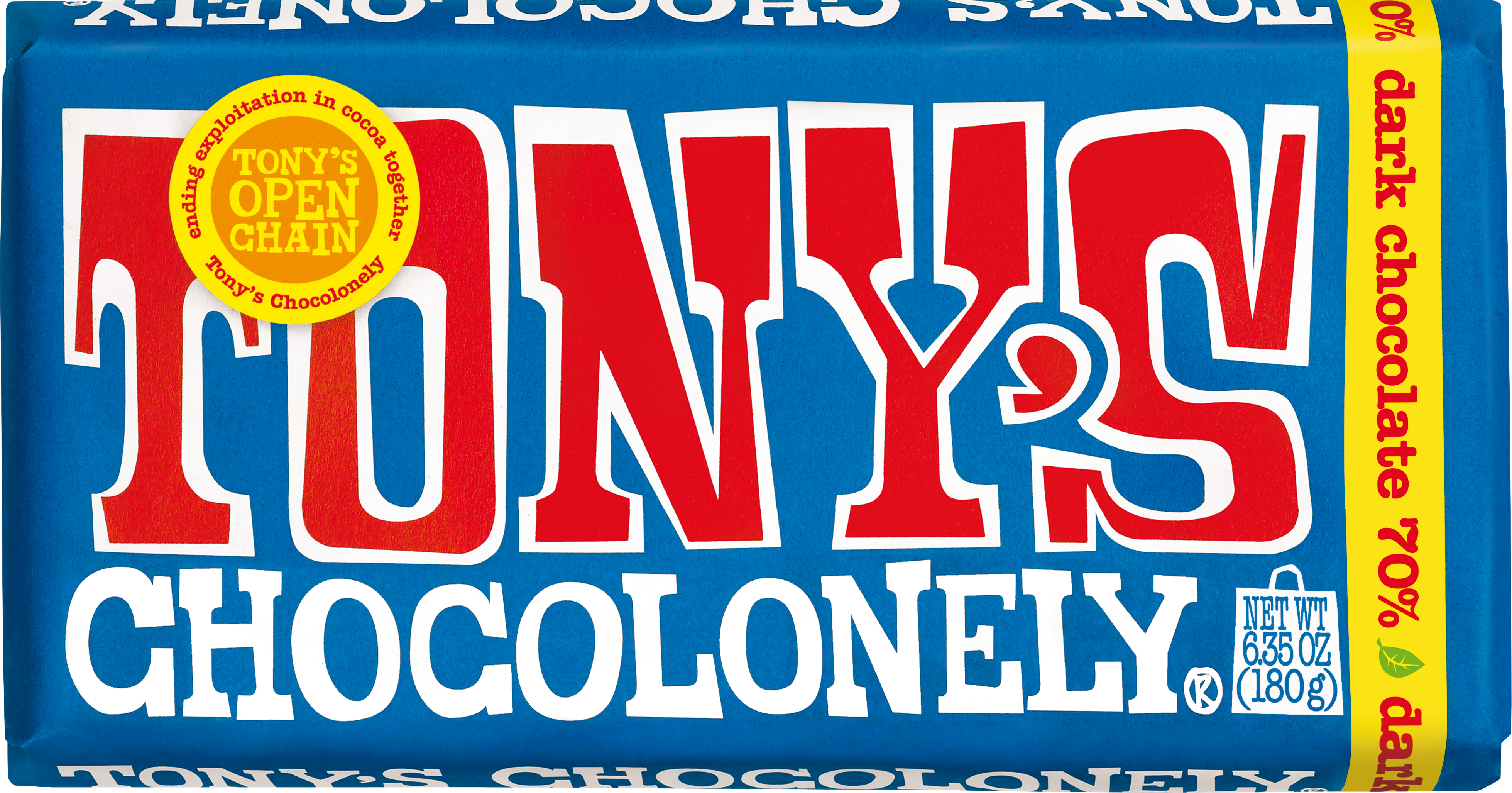 Tony’s Chocolonely dark chocolate 70% bar.