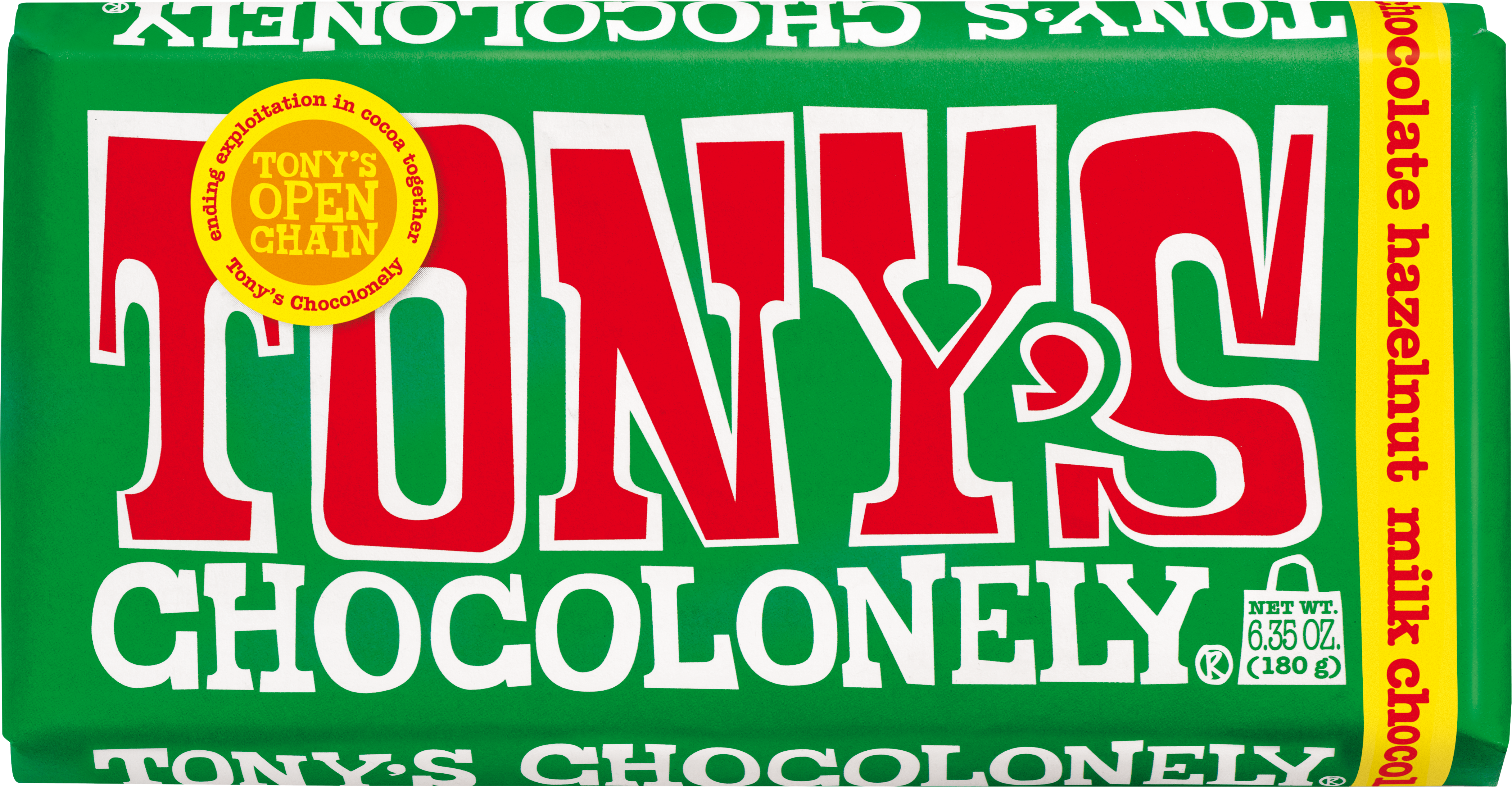 Tony’s Chocolonely milk chocolate hazelnut bar.