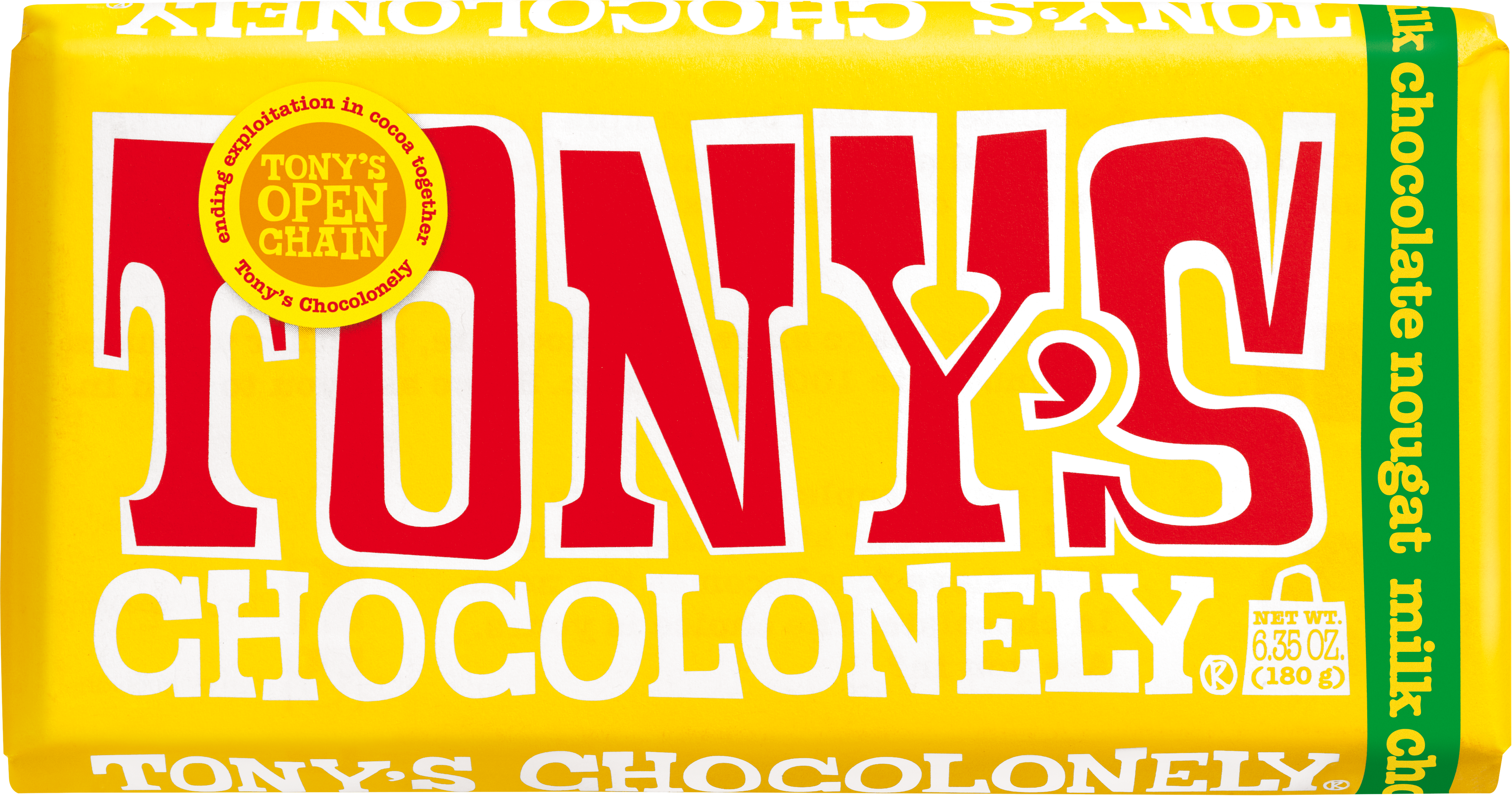 Tony’s Chocolonely milk chocolate nougat bar.