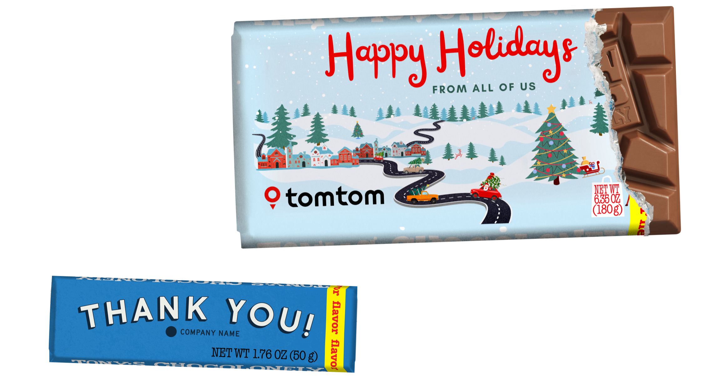 Tony's Chocolonely chocolate bar with a tomtom branded wrapper featuring a winter scene and 'Happy Holidays' text.