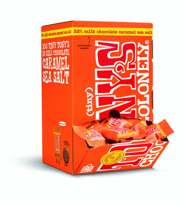Tony's Chocolonely Tiny Tony's milk chocolate caramel sea salt box.