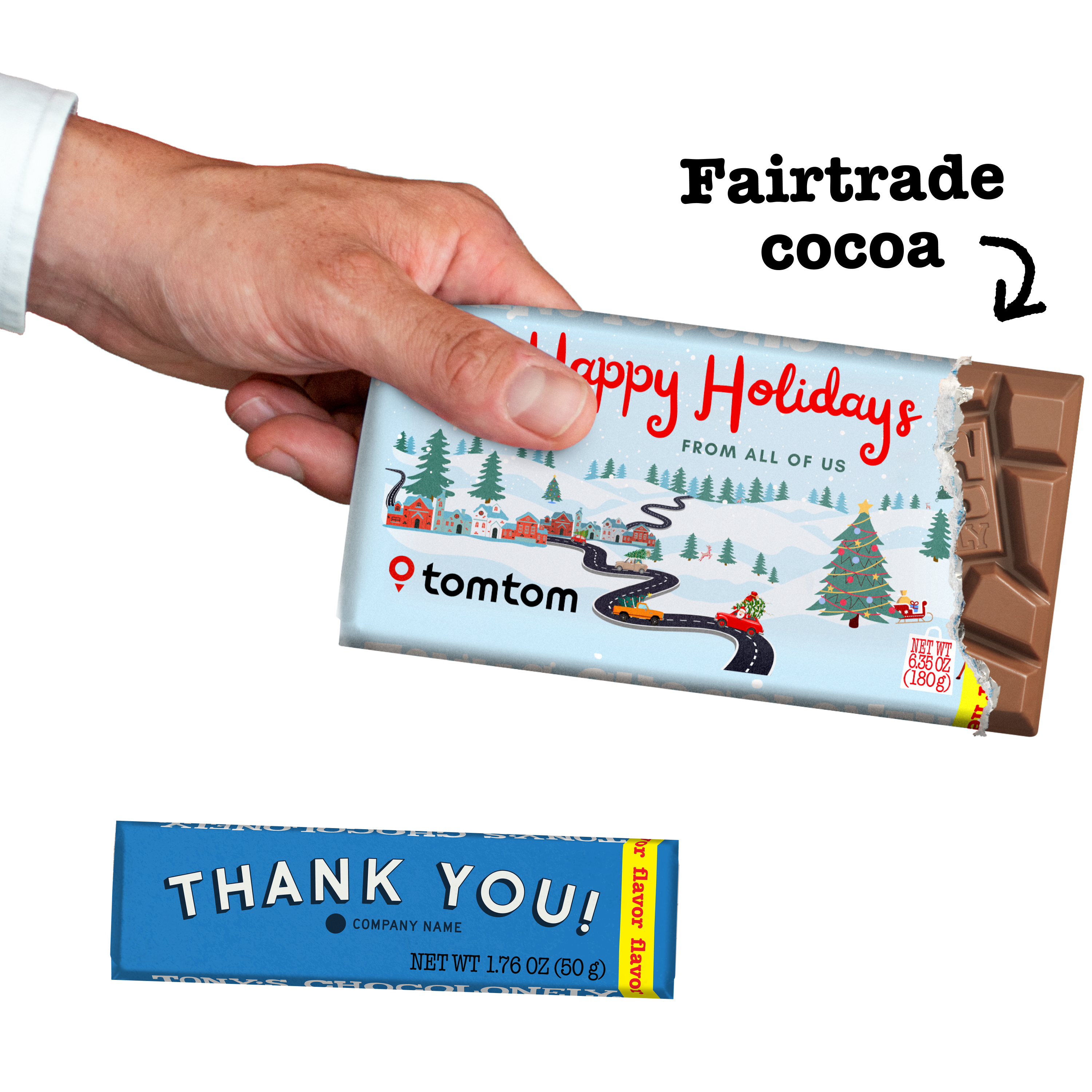 Hand holding a chocolate bar with a custom wrapper with festive design, 'happy holidays from all of us' text and TomTom brand logo, and a small chocolate bar with wrapper and 'thank you!' text.