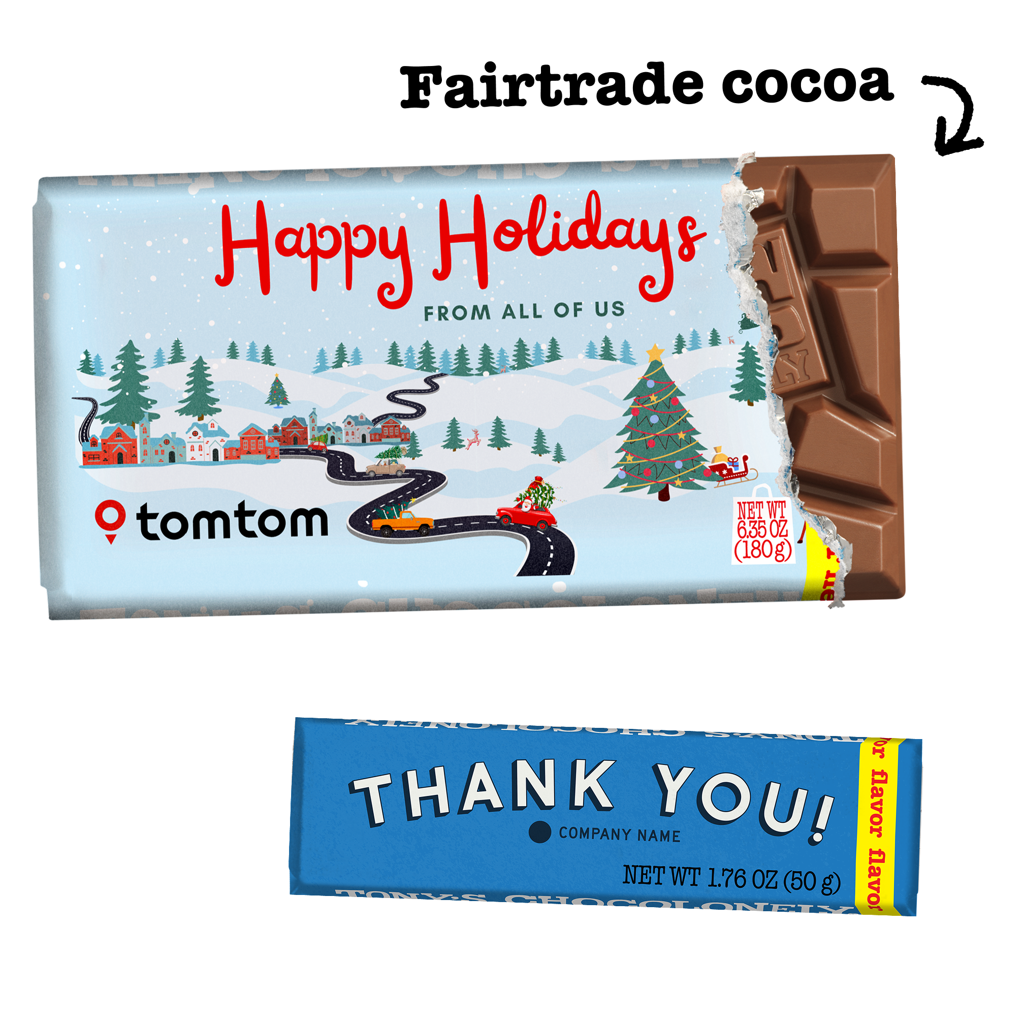 Chocolate bar with a custom wrapper with festive design, 'happy holidays from all of us' text and TomTom brand logo, and a small chocolate bar with wrapper and 'thank you!' text.