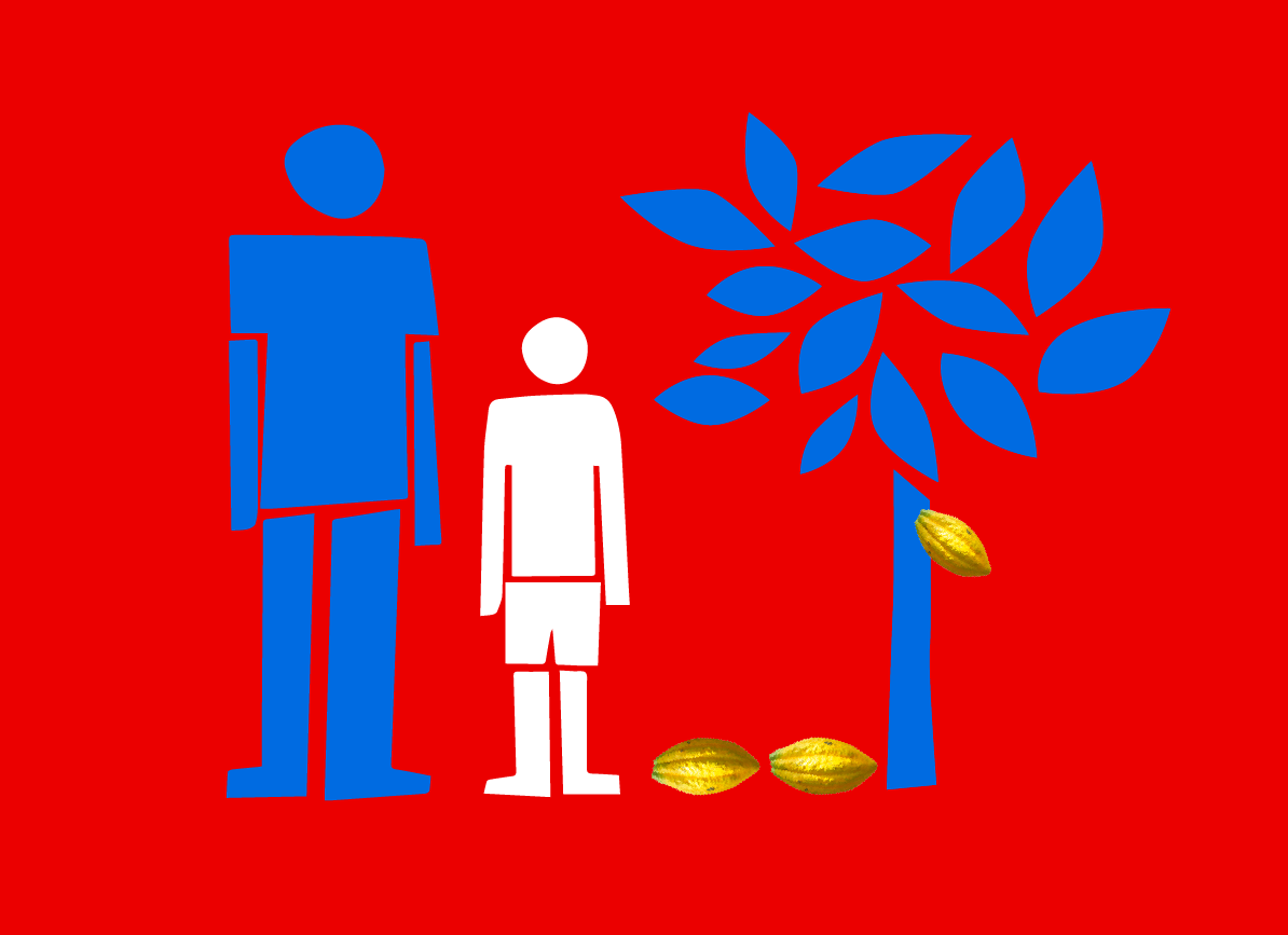 Illustration of an adult and a child next to a cacao tree.