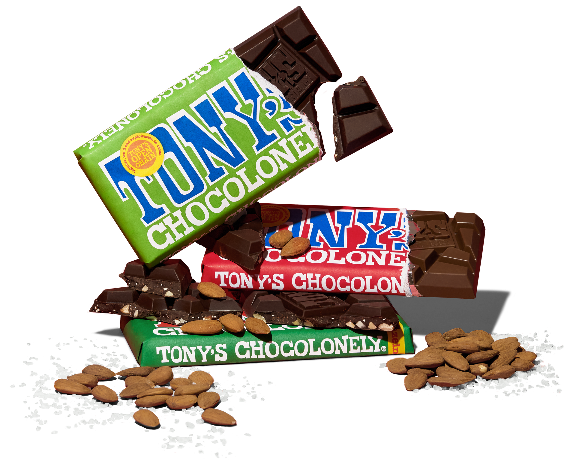 Tony's Chocolonely chocolate bars with packaging half open and almonds and sea salt 