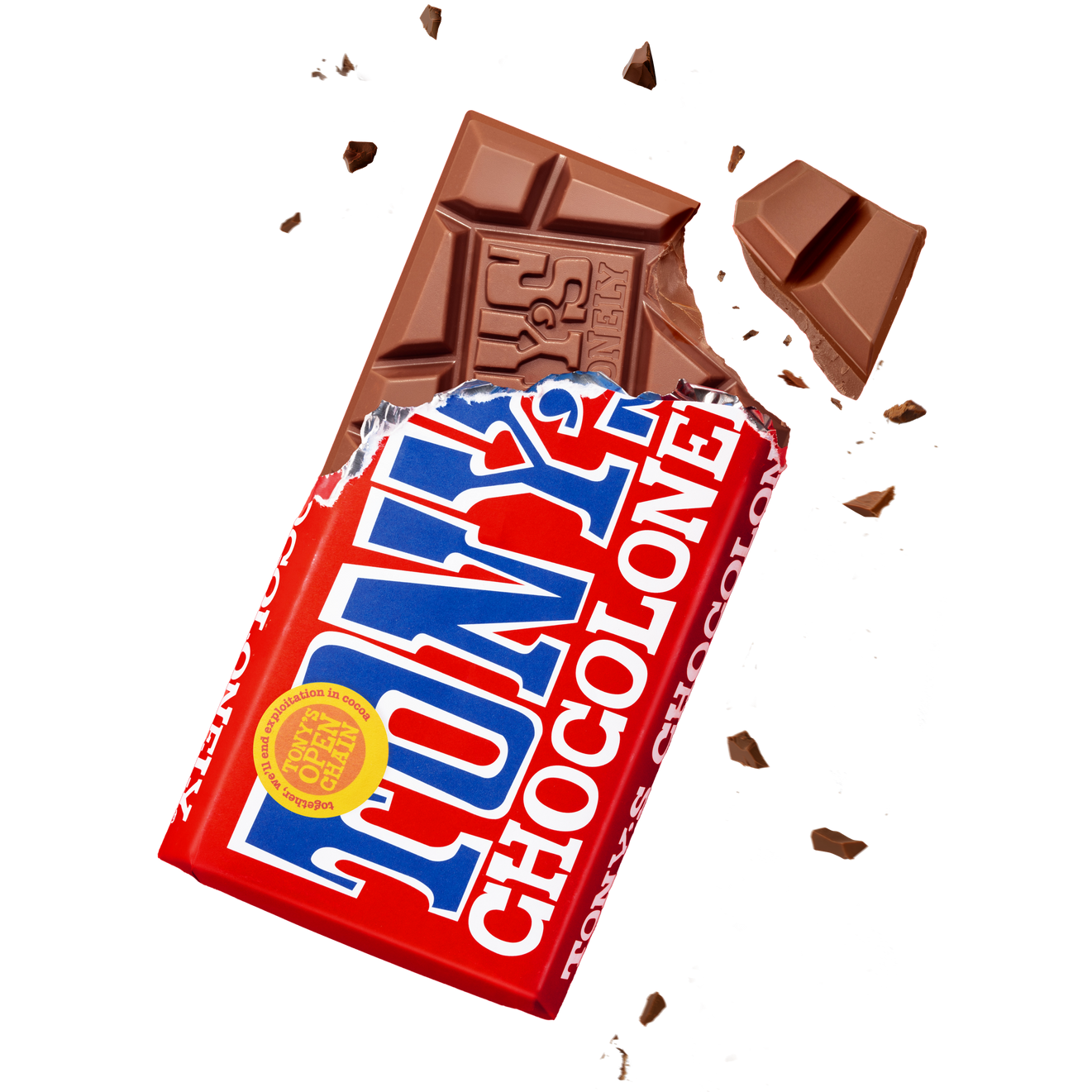 Tony Chocolonely milk chocolate bar with a piece broken off, on a white background